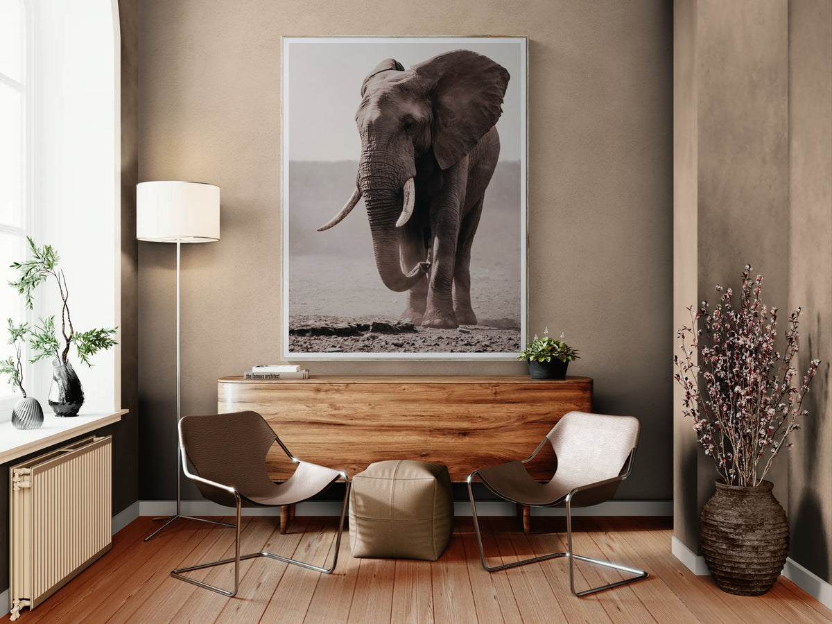 A large framed fine art print photograph of an elephant hanging on a taupe wall in a modern living room setting.
