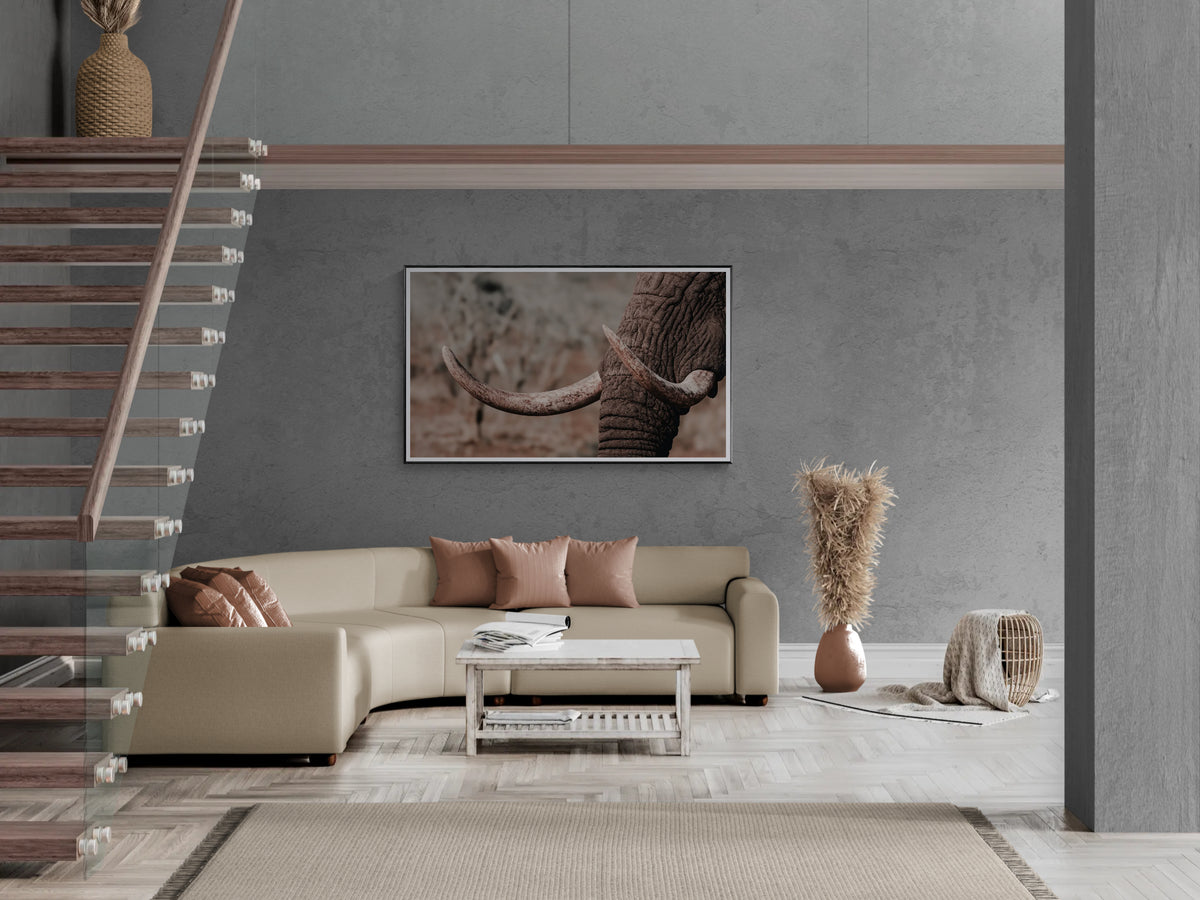 A framed wall art print depicting an elephant head and tusks, displayed in a modern living room setting above a beige sectional sofa.