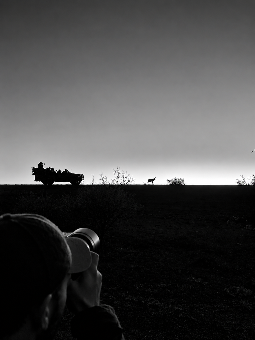 Black and white landscape photograph showing Dan Koopowitz in the foreground holding a camera, with a military-style vehicle and a small animal on a horizon line under a dark sky.